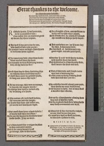 Great thankes to the welcome, in Churchyards behalfe: to him that hath bleared, and cried like a calfe. Full well by his crying a man may now know, where veale may be bought of a price very low: the head and the purnaunce, with gather though small, as cheape as a shepes head, the hornes bought withall