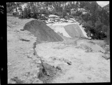 Big Creek - Mammoth Pool - Tunnel muck pile after storm, and Shakeflat breaking cofferdam