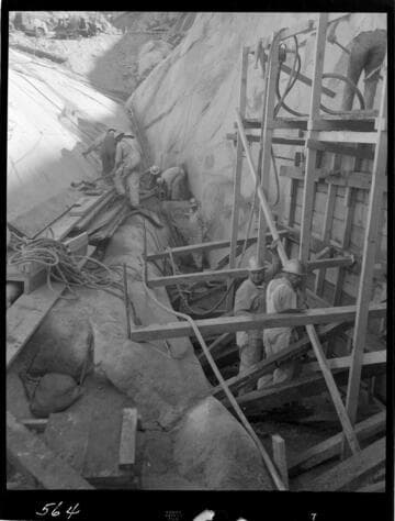 Big Creek - Mammoth Pool - Forming for the second dental concrete pour in the cutoff.0