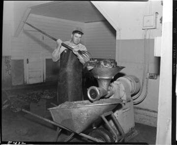 Man forcing meats through grinder into wheelbarrow