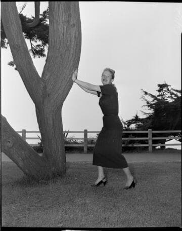 Young lady in a skirt and sweater posed pushing against a tree