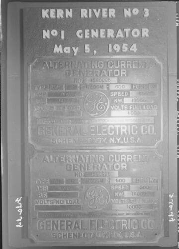 Kern River No. 3 - Generator Name Plate