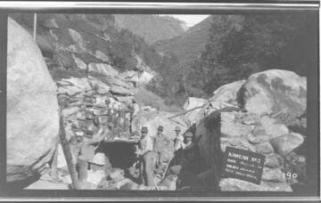 A construction crew stopping to pose for a picture while working on the Marble Fork headgate at Kaweah #3 Hydro Plant