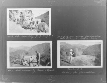 Stub hole excavating gang, Camp #3.  ; Stub hole excavating crew, lunch.  ; Tower M0T2,  blasting for foundation