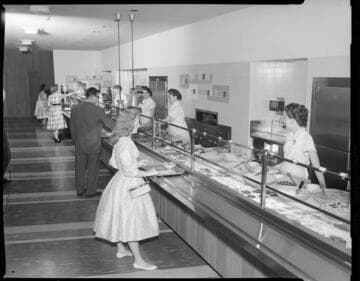 Cafeteria lunch line and kitchen