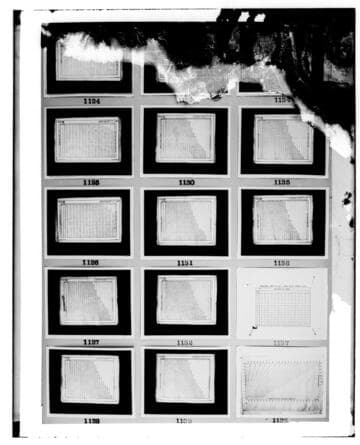 This is a multi-image negative that depicts charts & drawings. Undamaged images included on the plate are copies of original negatives: 02 - 01125; 02
