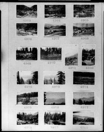 Multiple-image copy film negative with 19 images of Big Creek, Kern River 3, Shaver Lake, Huntington Lake, Vermilion Valley, and SJR at Florence Lake: #02-04963 through #02-04981