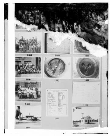 This is a multi-image negative that depicts Pasadena Office, Lankershim Office exterior, group photos, pumping plant, gas pressure chart, and shots of step bearing for Long Beach Turbo