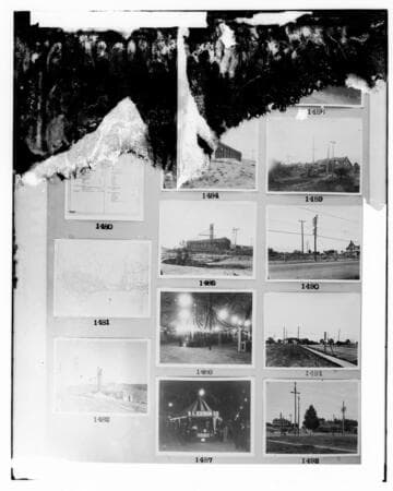 This is a multi-image negative that depicts maps, Newmark Sub., SCE exhibit, and guying a pole. Undamaged images included on the plate are copies of original negatives: 02 - 01481; 02