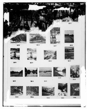 This is a multi-image negative that depicts hydro project shots from Kern River and Santa Ana River. Undamaged images included on the plate are copies of original negatives: 02 - 01305; 02