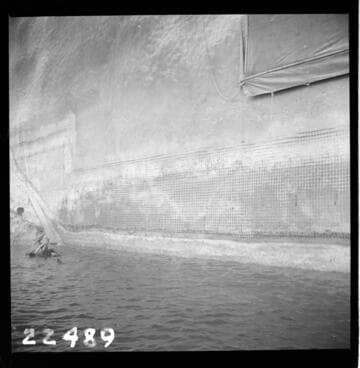 Big Creek, Huntington Lake Dams - Dam 1 Upstream face - Approx. stationing 8+00 to 8+50. View showing lower key and reinforcing in place ready for guniting. Lake elevation