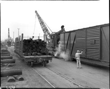 Train with crane on rails and flatcar with load of poles on adjacent track at poleyard
