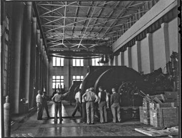 Big Creek Valley Editors Tour: group inside Powerhouse #1 on the generator floor