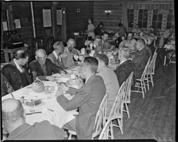 Big Creek Valley Editors Tour: group having dinner at Huntington Lodge