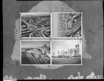 4 photos of Los Angeles freeways and buildings copied on same negative