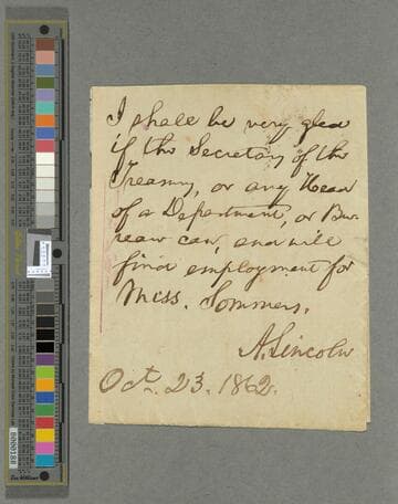 Abraham Lincoln note requesting employment for Miss Sommers