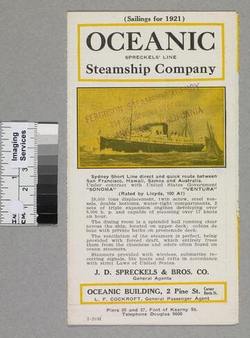 Oceanic Steamship Company Spreckels' Line: sailings for 1921