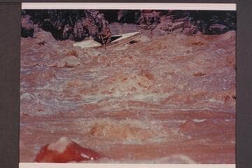 Frank Wright in Monument Creek Rapid.  Bright Angel gauge:  July 18:  21,000.  July 19:  19,700.  July 20:  18,500.  July 21:  17,400