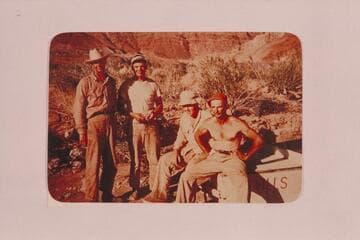 Boatmen of the Nevills San Juan party which left Mexican Hat in 1948, May 19.  L to R:  Frank Wright, George Wing, Ben Hess and Nevills