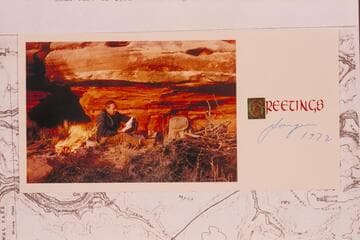 Jorgen Visbak in camp below Ukwalla Point.  Xmas card of 1972.  Message on back of print