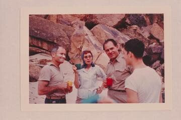 Part of crew of Disney party with Georgie White: Paul E. Schulz "Ernie", Jeanne Heiniger, Mrs. Ernst Heiniger, Ernst Heiniger and Bruce Algar
