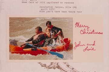 John and Loie Evans in Sportyak in Desolation-Gray Canyons.  Christmas card of 1972