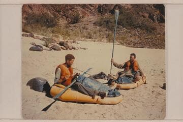Neal Newby and Frank Moltzen at Bright Angel Creek after having left Lees Ferry Aug. 16.  They are demonstrating their equipment and method of travel