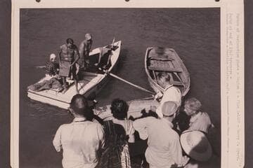 Party at end of 1948 traverse:  Nancy Streator, Nevills holding radio recovered from Tuna Creek, John Doerr, second from left is lower left is Doris Nevills and right is Wayne Hiser