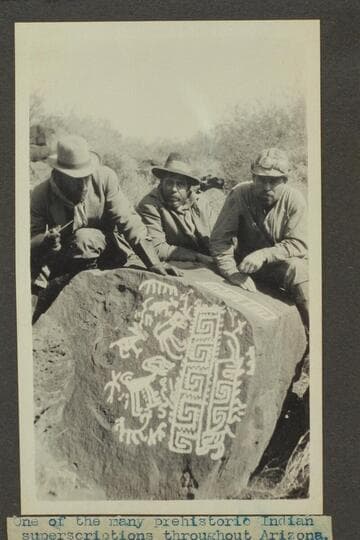 Zahn trip to San Juan placers in a Franklin car.  One of the many prehistoric indian superscriptions throughout Arizona