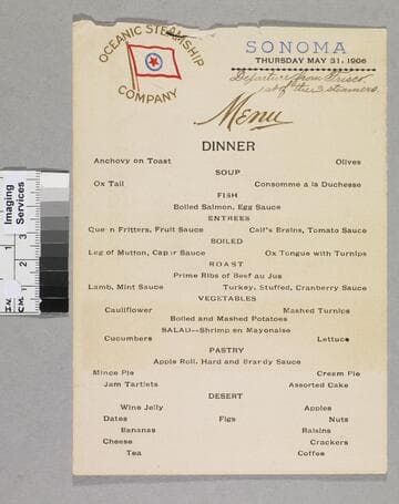 S. S. Sonoma dinner menu