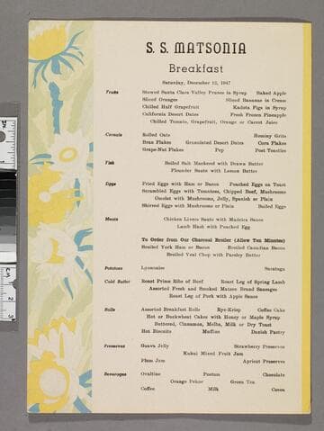 S. S. Matsonia breakfast menu