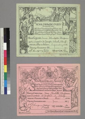 Certificates of honour awarded for a drawing examination by The Royal Drawing Society