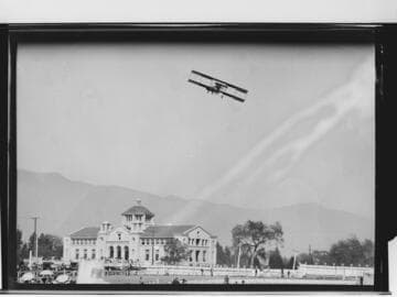 Biplane over the California Institute of Technology, Pasadena. approximately 1914