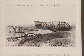 Building Topock Bridge.  River steamboat is the "GILA"