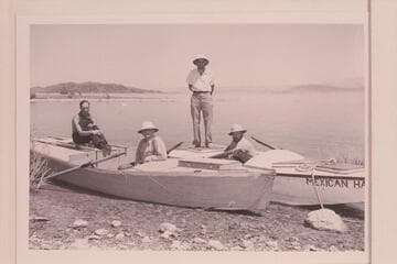 Chester Klevin; Bert Loper; Bill Gibson; Don Harris. On arrival at Lake Mead following traverse of the Grand Canyon in 1939 when Loper was close to 70 years of age