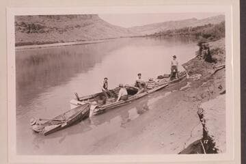 Nevills in fold-flat boat used on Colorado from Moab down to near mouth of Green River, 1938, Sep. 29-Oct. 02.  Before starting; Norman in rowboat