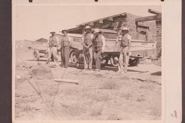 Norman Nevills; Lois Jotter; Eugene Atkinson; Elzada Clover; Laphene (Don) Harris.  Two of the three sadirons.  Mexican Hat, Utah