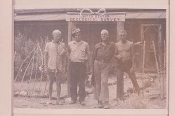 Crew of the party through Glen Canyon in 1938, July.  Harold Hartshorne, Jr.; Nelson Rust; Dave Rust; L. F. H. Lowe.  Lees Ferry
