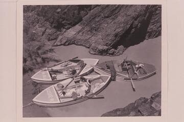 Reilly's two glass skiffs and Fulmer's "GEM" used in Grand Canyon cruise of 1955, June-July; cove at left at Mile 129.5