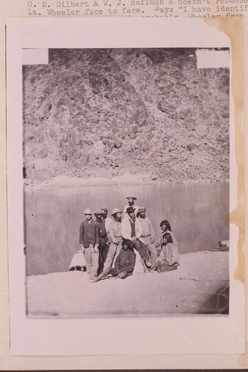 Wheeler crew at Diamond Creek.  The central figure in white is George W. Wheeler; back of Wheeler is G. K. Gilbert