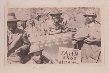 The Zahn party which took the Franklin car to the Zahn Mine on the San Juan River with the crop of "Spinach" after 6 weeks growth on a tour of 2089 miles. Hector, Oscar, Paul, Ozwald