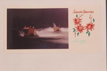 Bill Belknap photo on Buzz Belknap's Xmas card 1961.  The "Kiwi" with Jon Hamilton driving and Jim Bechtel and Dock Marston as passengers.  Buzz is driving the "Dock" and Ed I'Anson is piloting for him.  Up Grand Canyon run of 1960, July