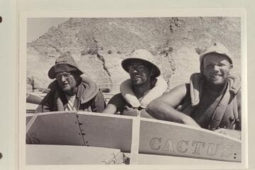 Crew of the "Cactus."  Willie Taylor; Jorgen Visbak; Bill Belknap.  Grand Canyon traverse of 1954, June.  Gods Pocket, Lake Mead