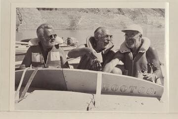 Crew of the "Bootoo."  Grand Canyon traverse of 1954, June.  Joe Eisaman; Frank Masland; Marston.  Gods Pocket, Lake Mead