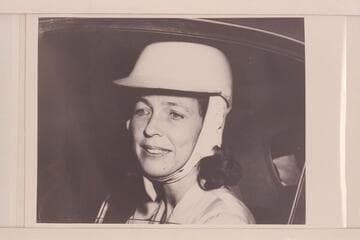 Evie Mull (Mrs. John Barnes Mull).  San Juan; Grand Canyon 1949; Grand Canyon by motor 1952.  "The helmeted Juno is in real life Evie having pre-race jitters at the start at Thompson, Connecticut, last summer (see small snapshot)."