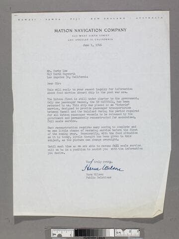 Letter on Matson letterhead