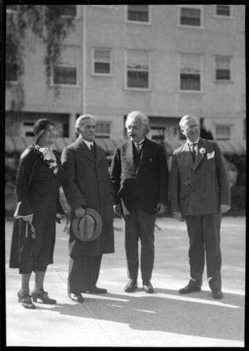 Albert and Elsa Einstein with Albert Michelson and an unidentified man, 1931