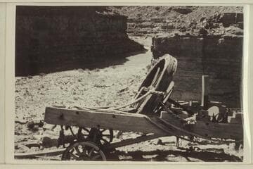 Oil well drilling outfit left at drill site above Slickhorn Gulch on the San Juan River. Operations were in the summer of 1908 or 1909
