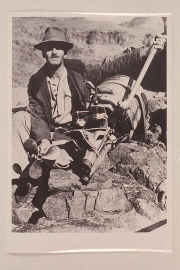 Aleson with wrecked motor. Four cylinder Evinrude Sportfour. Granite Springs Rapid. Aleson attempted a run up the river and it ended at Granite Springs Rapid when the motor was wrecked